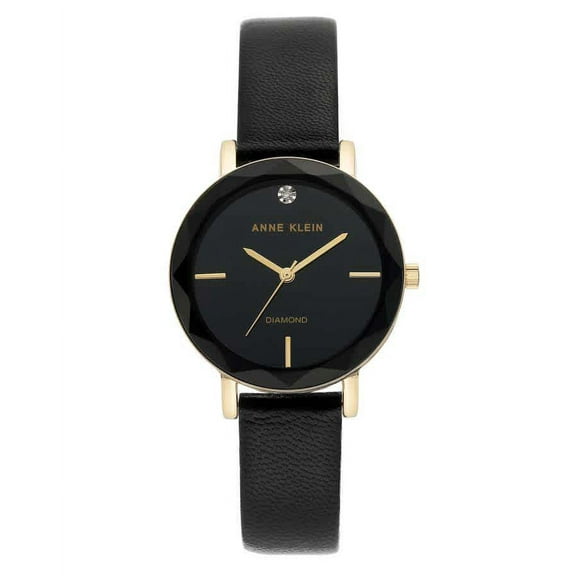 Anne Klein Genuine Diamond Dial Gold-Tone and Black Leather Strap Ladies Watch