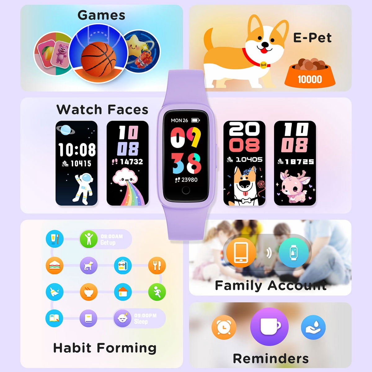 BIGGERFIVE Vigor 3 Kids Fitness Tracker Watch, AMOLED Screen, No App No Phone Needed, 3ATM Waterproof, Heart Rate and Sleep Monitor, Pedometer Watch, Sports Step Counter for Girls Ages 5-15, Lilac