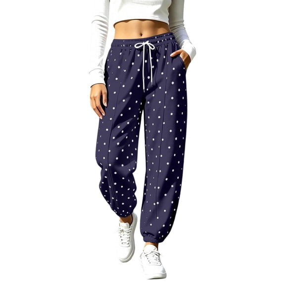 sdhkgrrt Women Polka Dot Jogger Pants Drawstring Casual Lounge Pants Loose Baggy Sweatpants with Pockets Home Work Trousers Fall Winter Outfits, Navy M