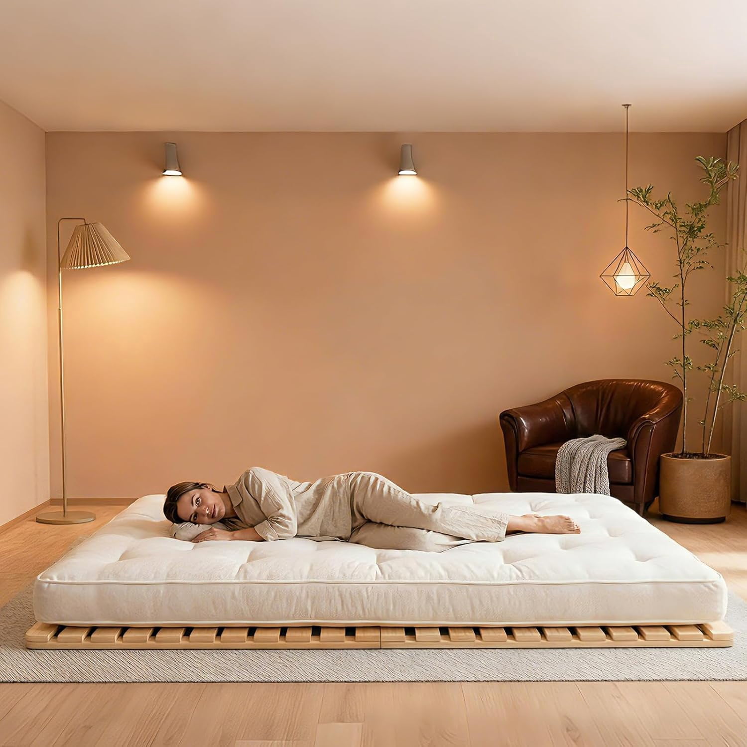 ABORON Floor Bed Frame, Folding Tatami Futon Frame, Breathable Moisture-Proof Bed Plate, Solid Wood Slat Floor Bed Frame, Japanese Floor Tatami Bed for Floor Sleeping or Futon Mattress, Full Size