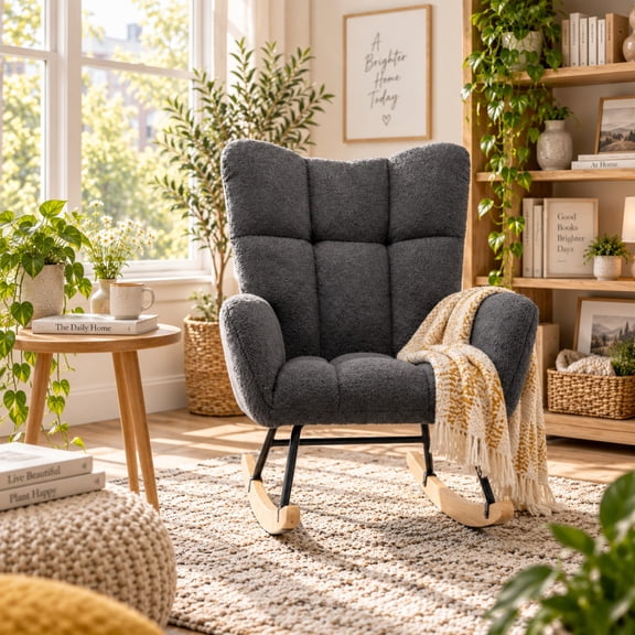 High Back Rocking Chair Grey Teddy with Storage Pocket for Living Room Bedroom