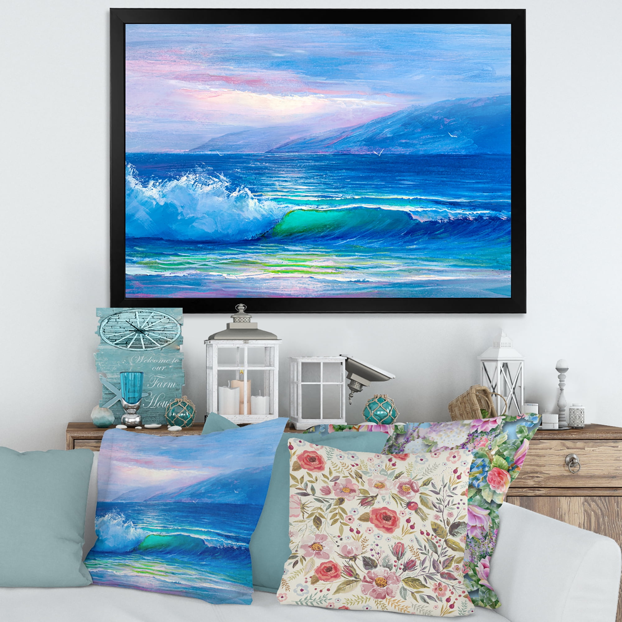 Designart 'Blue Waves Breaking At The Beach Landscape II' Nautical & Coastal Framed Art Print
