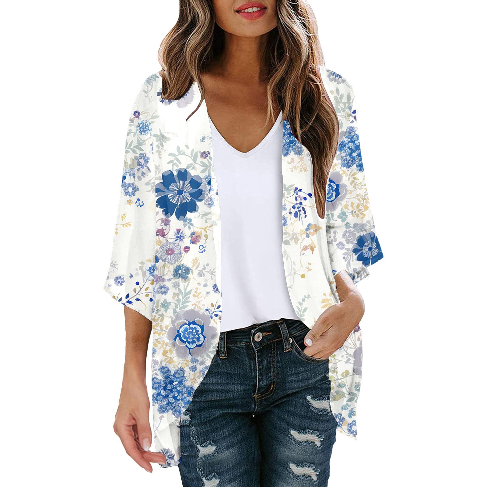 PMUYBHF Women Kimono Cardigan Short Womens Floral Print Puff Sleeve ...