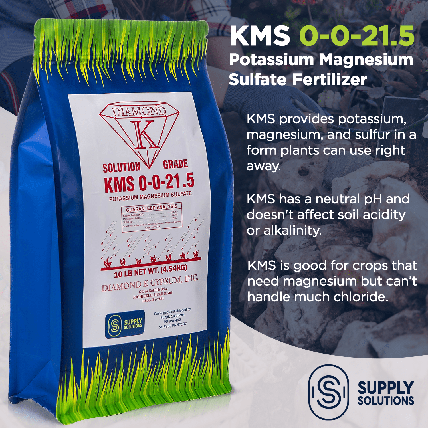 KMS 0-0-21.5 (Potassium Magnesium Sulfate) Fertilizer - Plant Food - The Best for Low Magnesium Soils Prone to Nutrient Loss - Ideal for Lawns, Garden, Vegetable, and Fruit Crops (10 Pounds)