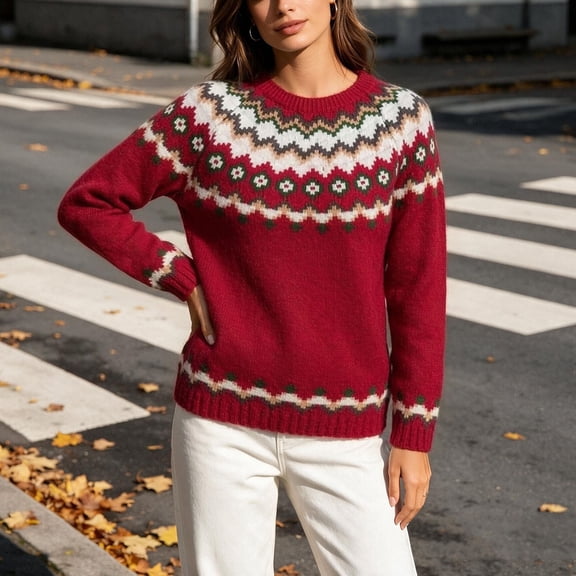 QSAWXQZ Women's Crewneck Sweater Long Sleeve Color Block Fair Isle Jacquard Pullover Casual Knit Top S