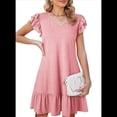 thumbnail image 1 of Robes d'Été pour Femmes à Volants, Manches Courtes, Col en V Smocké, Décontractées, Amples, Ligne A, Évasées, Mini, Robe Soleil, Rose, P, 1 of 7