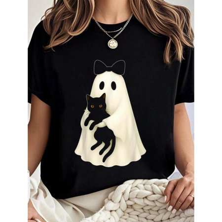 Halloween Cotton Ghost Holding Black Cat T Shirt Graphic Tee Short Sleeve Casual Top Summer Black S-5XL