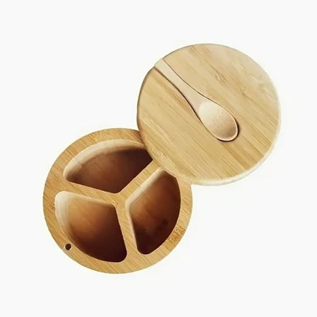 Salt Cellar with Built, in Spoon and Magnetic Swivel Lid - Three Compartment Spice Storage Box for Salt and Pepper