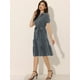 thumbnail image 3 of Vestido camisero de cambray para mujer, manga corta, con botones, cintura con lazo, cuello en V occidental, vestidos de mezclilla Gris Oscuro S, 3 of 5