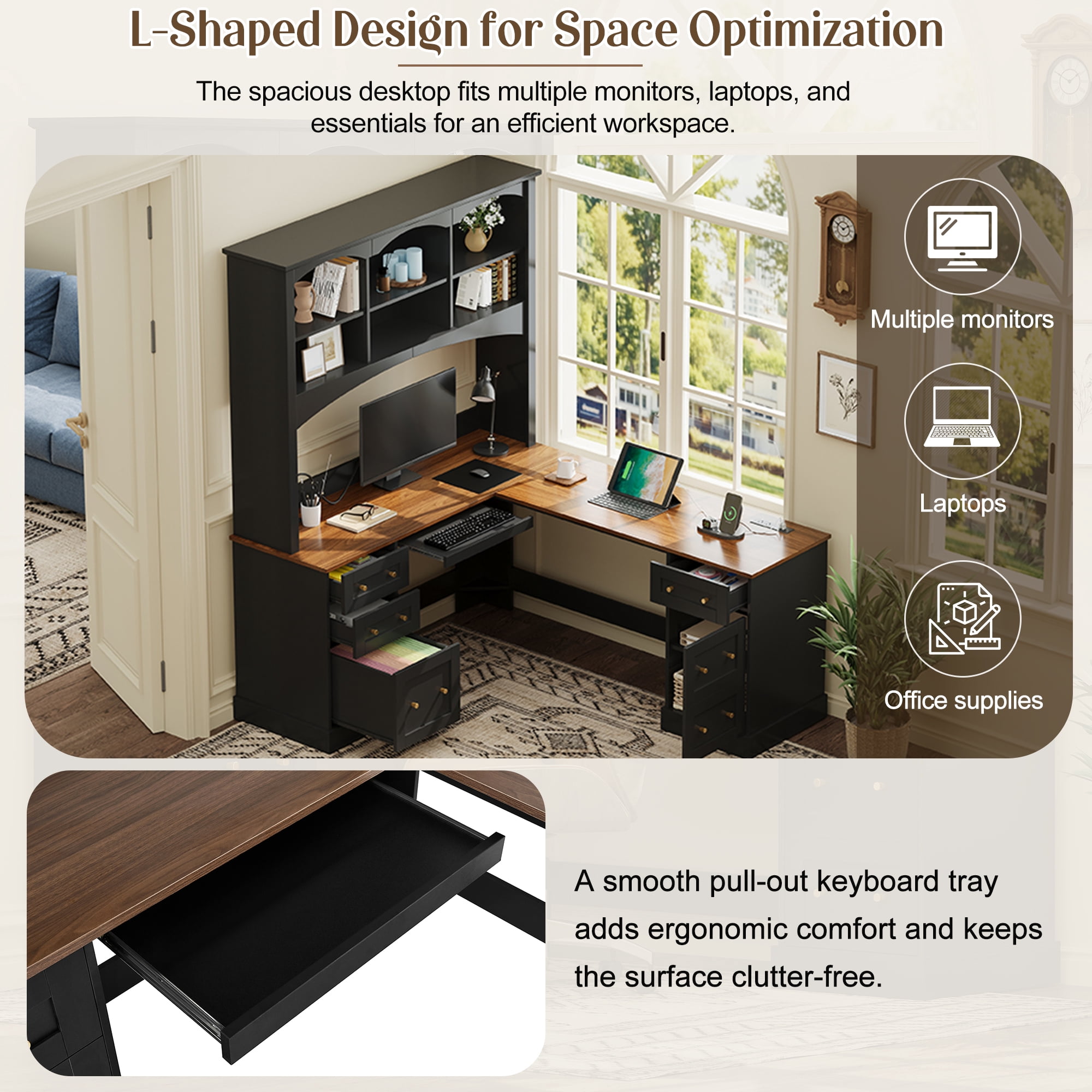 L Shaped Corner Computer Desk,Rustic Home Office Desk with Keyboard Tray & Charging Stations, All-in-One Home Office Desk with Arched Hutch for Bedroom,Black