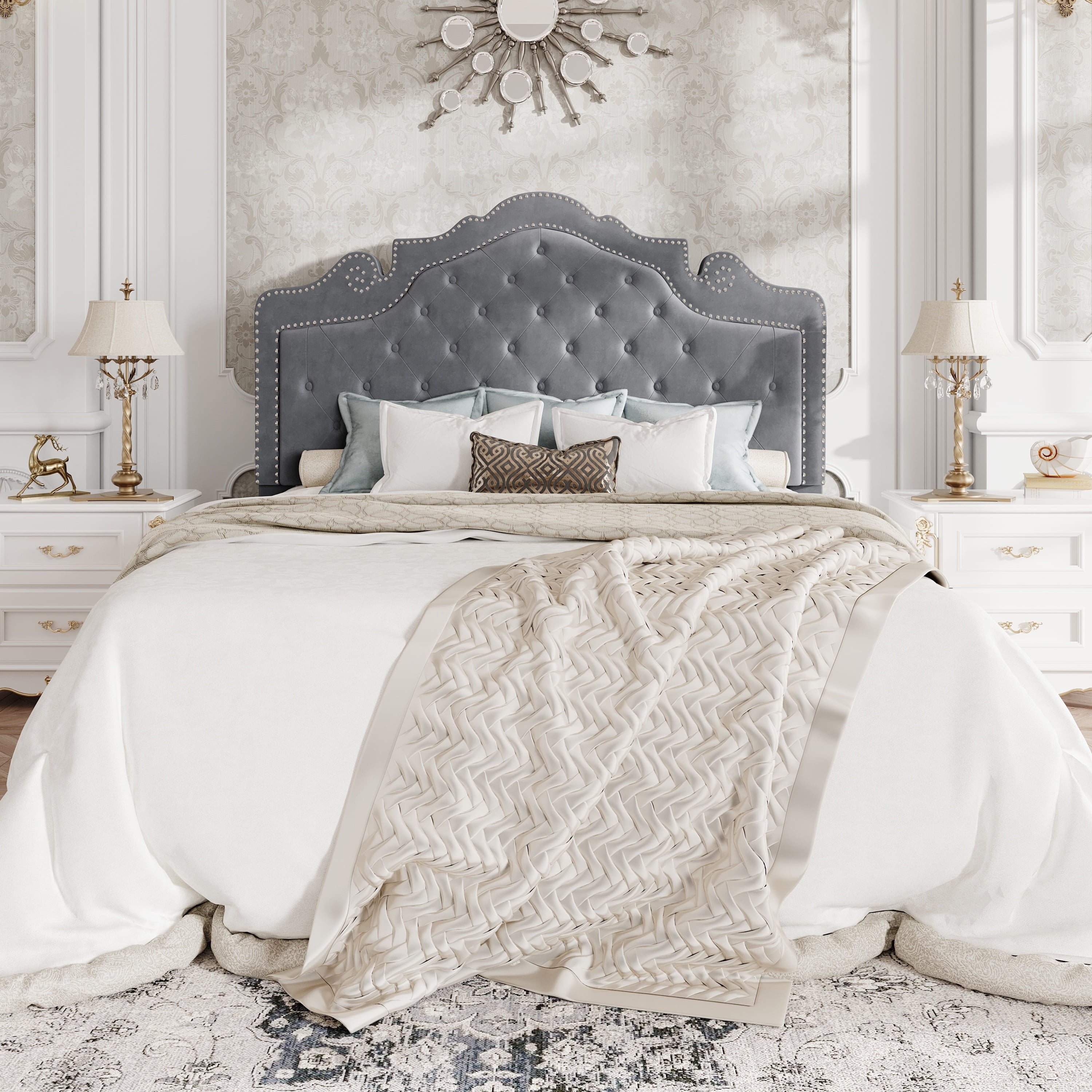 Amolife Queen Bed Frame with Adjustable Crown-Shaped Headboard, Upholstered Platform Bed, No Box Spring Required, Gray