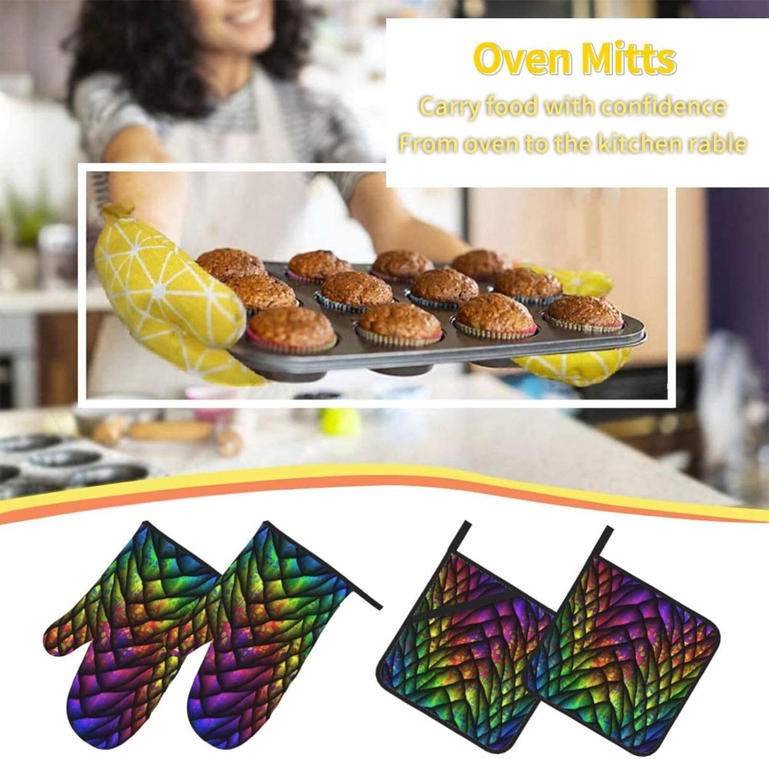 Dragon Scale Oven Mitts and Pot Holders 4 Pcs Set,High Heat Resistant 500 Degree Extra Thicken Long Kitchen Cotton Oven Glove for Cooking