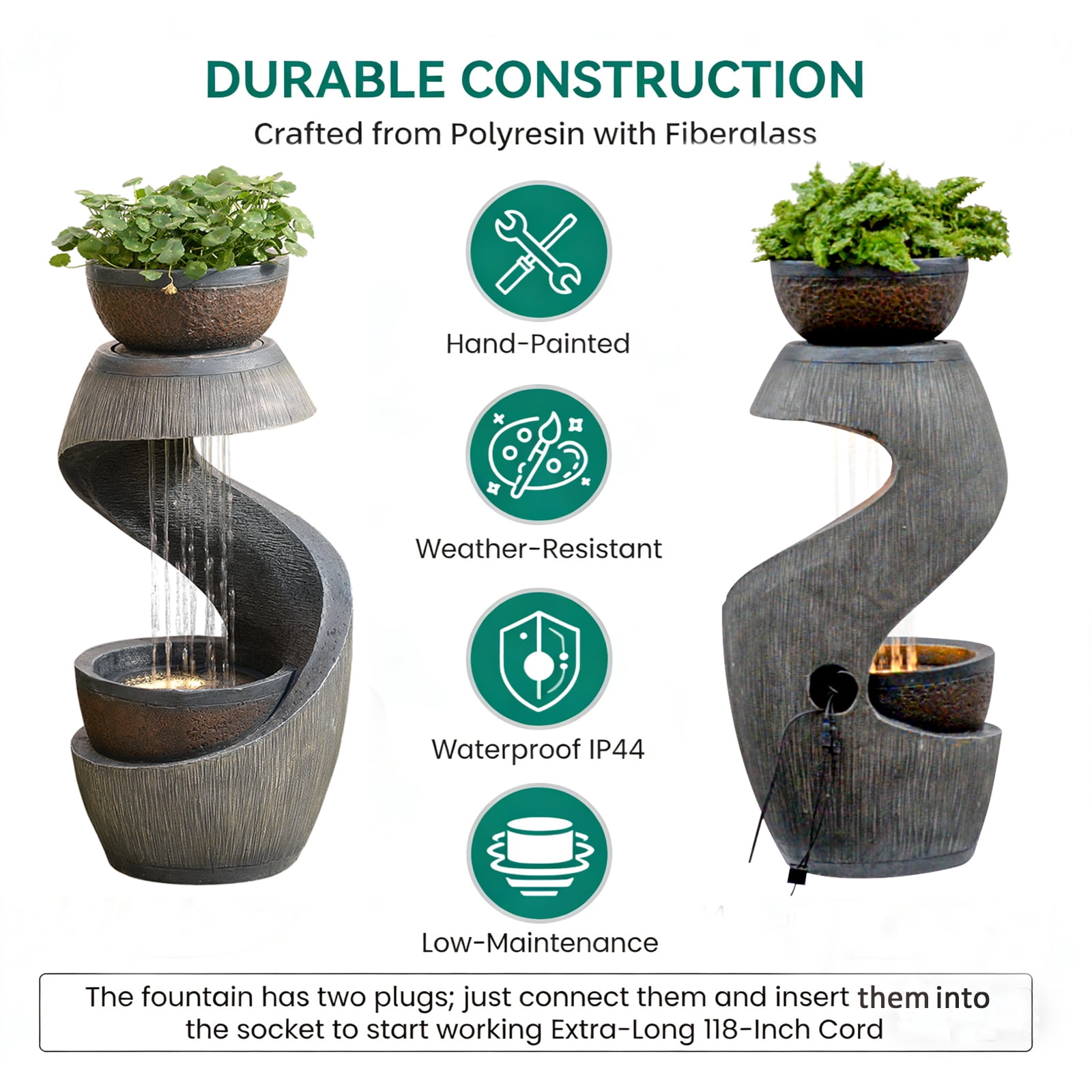 Freestanding S-Curve Waterfall Fountain Outdoor Garden Patio Decor with Planter