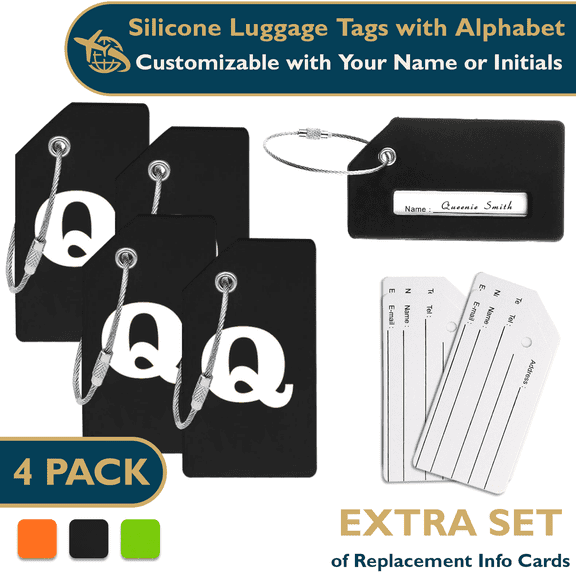 ComfiTime Luggage, Tags con Alfabeto: Maletas Tags de Silicona Aprobadas por la TSA, Bolsa de Viaje, Equipaje y Mochilas con Cubierta de Privacidad, Presilla de Acero Inoxidable