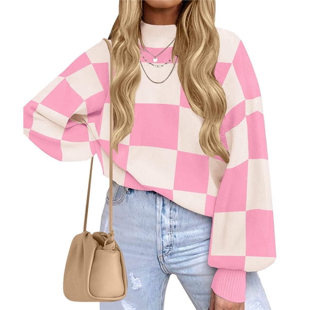 Suéter de Punto Acanalado de Larga con Cuello Alto y Corte Holgado para Mujer, Ideal para Otoño Rosa XXXL