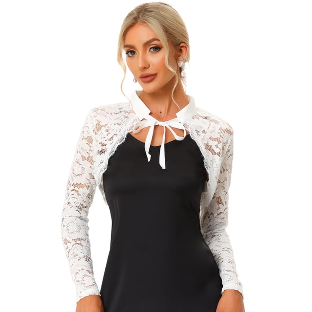Bolero de ganchillo Allegra K elegante con cuello alto y hombros descubiertos encaje Blanco S