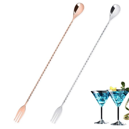 Ziyofinn 2 Pcs Trident Barspoon with Full Twisted Stem Handle for Dessert Cocktail
