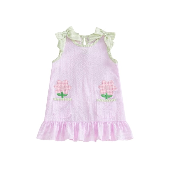 BemeyourBBs Toddler Baby Girls Overalls Dress Kids Flower Embroidered Stripe Bow Decor Crew Neck Sleeveless Casual Ruffle Dress Toddler Girls Spring Summer Dress