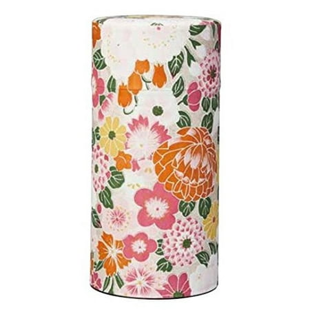 - Ryu Mei Hyakka Japanese Tea Canister | Imported Japanese Tea Storage Tin | 202H03 | Pink Orange Yellow White Flower