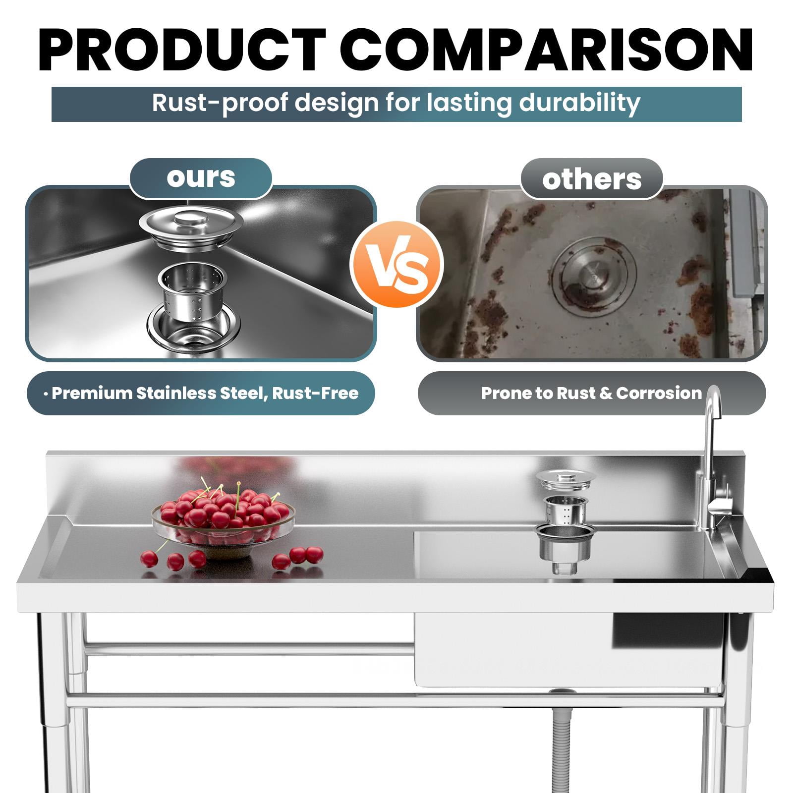 Muweixin Stainless Steel Utility Sink, 47.3" Freestanding Commercial Sink with 360° Swivel Faucet, 198lbs Heavy-Duty Prep Sink with Drainboard for Restaurant, Kitchen, Laundry, Garage