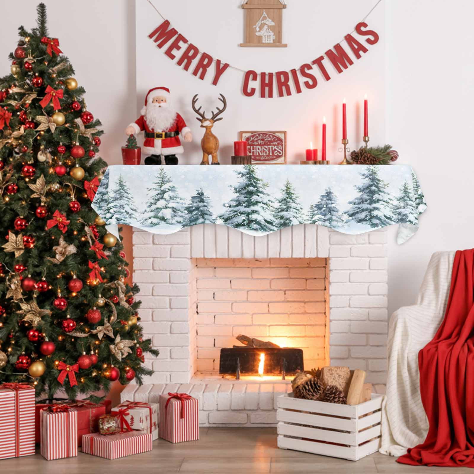 Christmas Tree Fireplace Mantle Scarf Winter Snow Scene Pine Trees Forest Farmhouse Mantel Cover Runner Fireplace Cloth for Holiday Party Home Living Room Decor 90 x 17 Inch