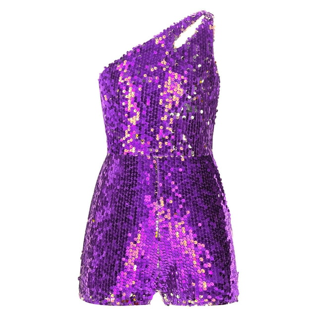 Linjinx Girls Shiny Sequin One Shoulder Rompers for Party and Dance One Piece Outfit Short Jumpsuit Purple 8