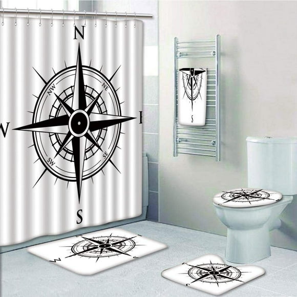 EREHome Compass Primitive Navigation Technology on the Sea Discovery of the World Travel Voyage 5 Piece Bathroom Set Shower Curtain Bath Towel Bath Rug Contour Mat and Toilet Lid Cover