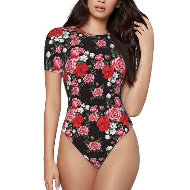Fotbe Rose Flowers Body de Mujer con Cuello Redondo y Mangas Cortas, Sin Mangas Ajustado, Suave, Cómodo y Básico-Large