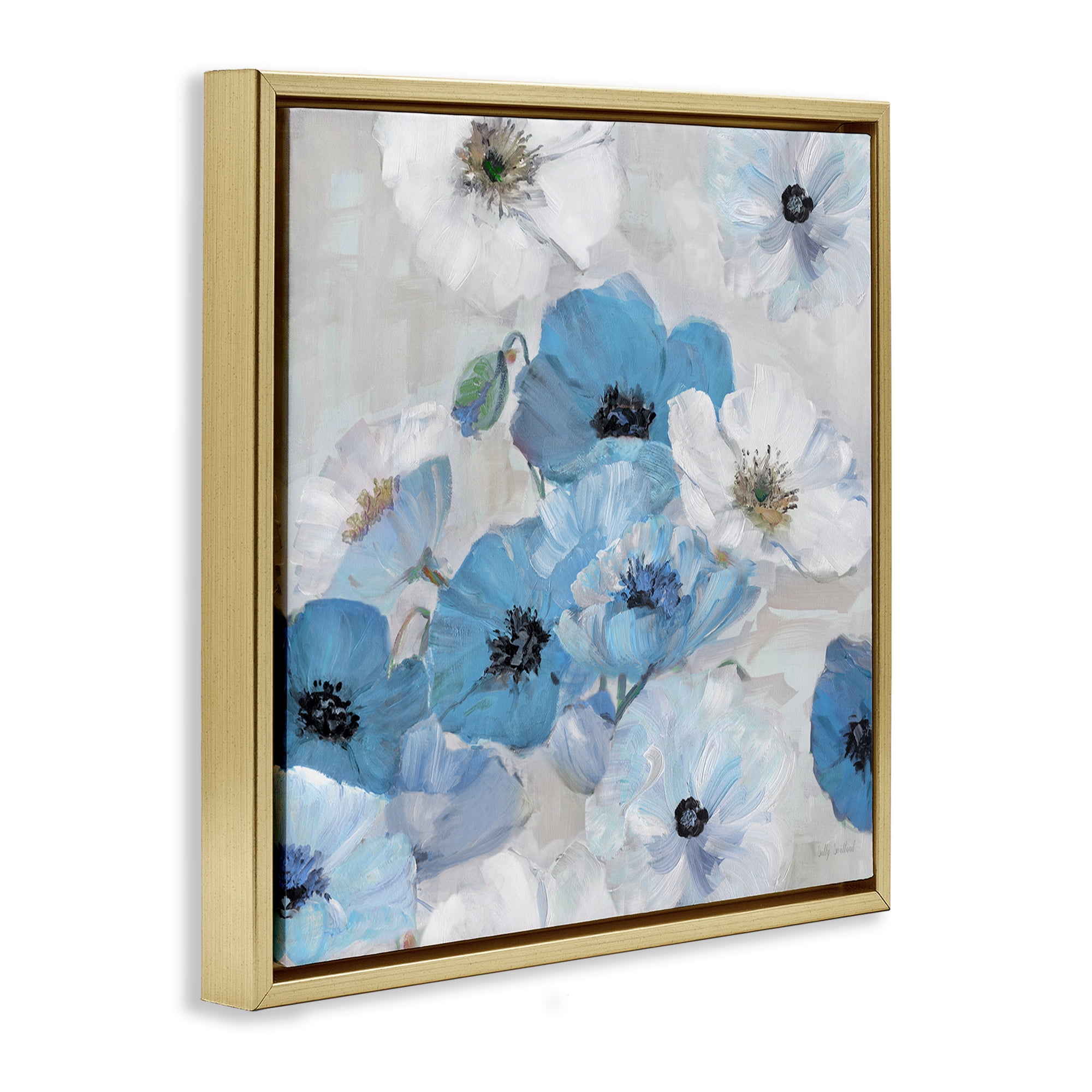 Stupell Industries Blue & White Flowers Plants & Flowers Painting Gold Floater Framed Canvas Art Print Wall Art, 18 x 18