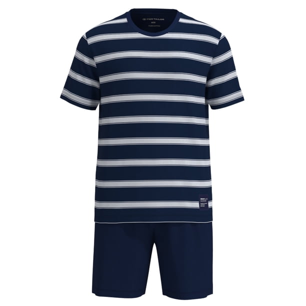 TOM TAILOR Pijama corto para hombre - shorty, cuello redondo, algodón, jersey sencillo Azul/Blanco M (Medium)