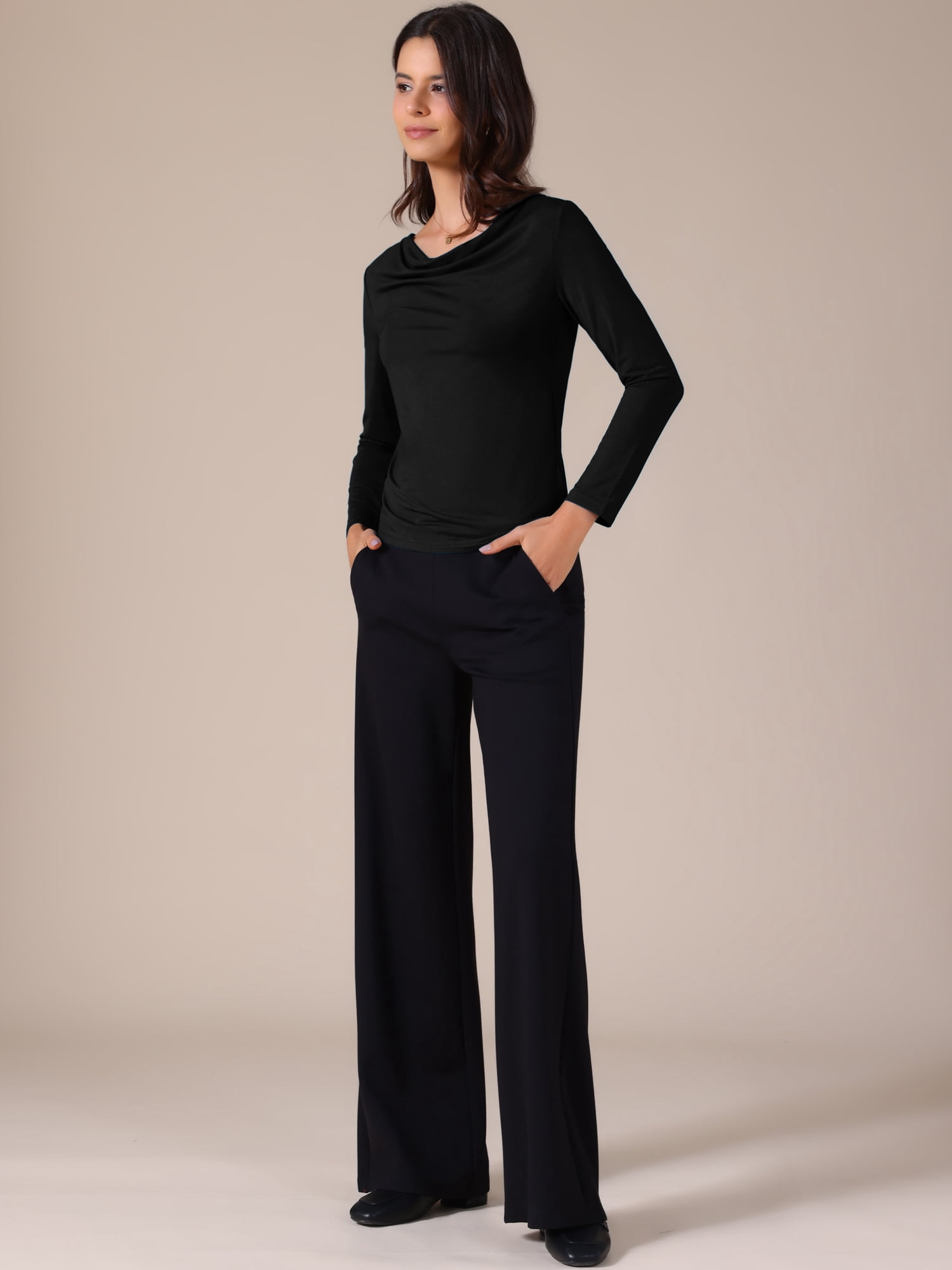DARING DIVA Women's Cowl Neck Long Sleeves Fitted Layering Soft T-Shirt XL Black