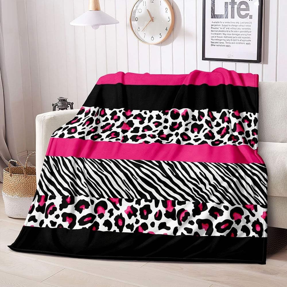 Hot Pink Leopard Throw Blanket, Cheetah Print Blanket, Black and White Zebra Print Blanket, Cozy Warm Lightweight Soft Fluffy Fuzzy Plush Flannel Fleece Blanket for Couch, Sofa, 50"x60"