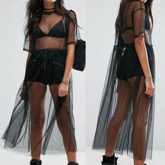 Daiosportswear Women Short-Sleeved Long Dress Sheer Gown See Through Lingerie Cover-Up,Women'S Cover-Up Black 10(XL)