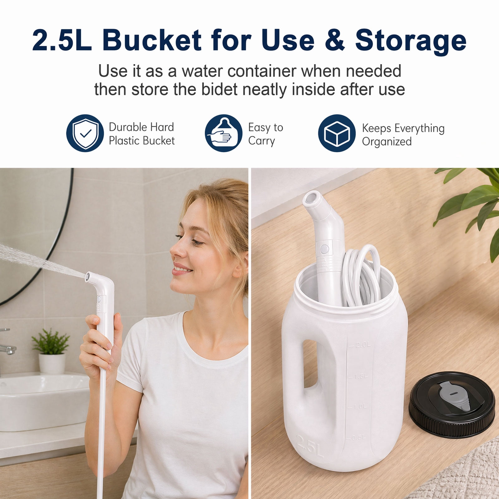WOWER Portable Electric Bidet with 2.5L Bucket, Rechargeable Handheld Bidet Sprayer with 2 Pressure Modes for Travel, Camping and Personal Hygiene