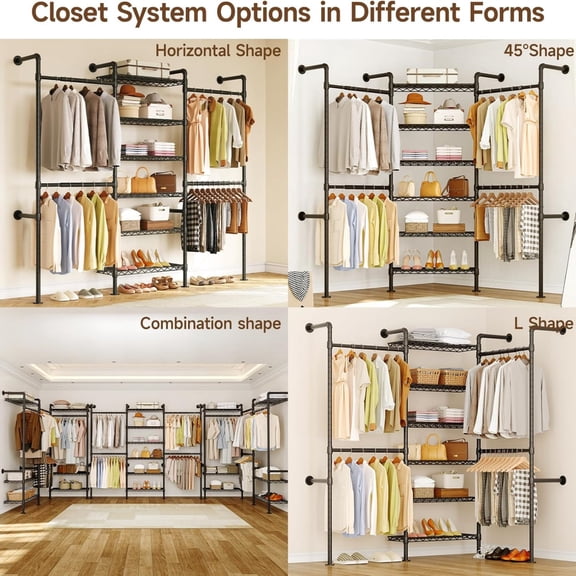 Wall Mounted Closet System, Expandable Industrial Pipe Clothes Rack Clothing Rack for Hanging Clothes, Heavy Duty Closet Organizers and Storage in Wardrobe Closet, Black