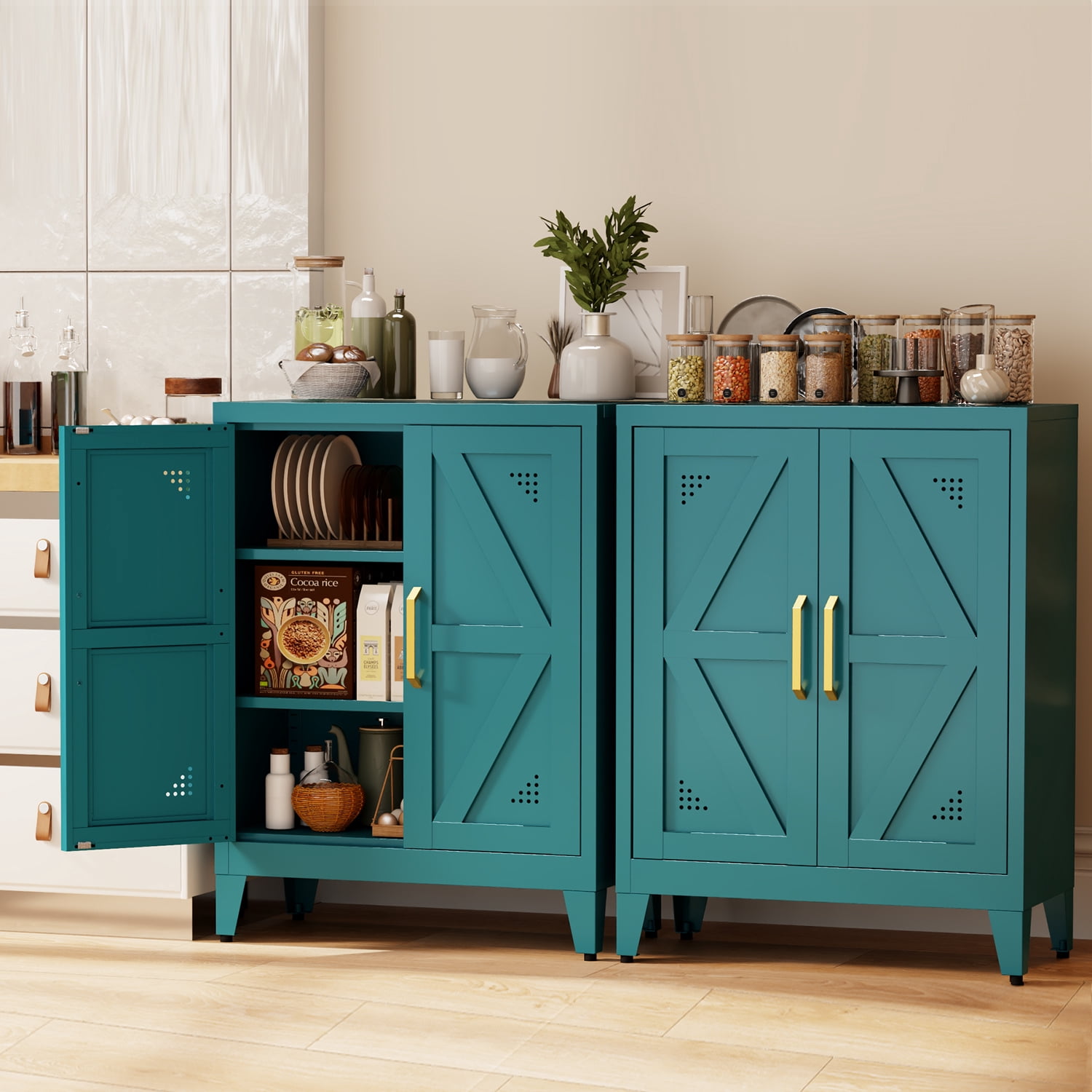 JHYKFG 32"Metal Bathroom Storage Cabinet,Freestanding Sideboard with 2 Adjustable Shelves for Small Spaces, Living Room, Hallway, Dining Room,Blue