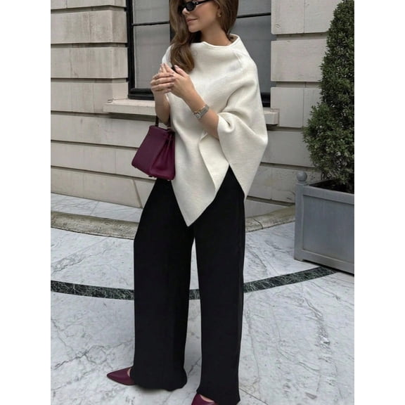 Women Solid Draped Cowl Neck Poncho Top, Asymmetric Hem Cape Shawl, Elegant Fall Winter Wrap Sweater for Daily Outfit