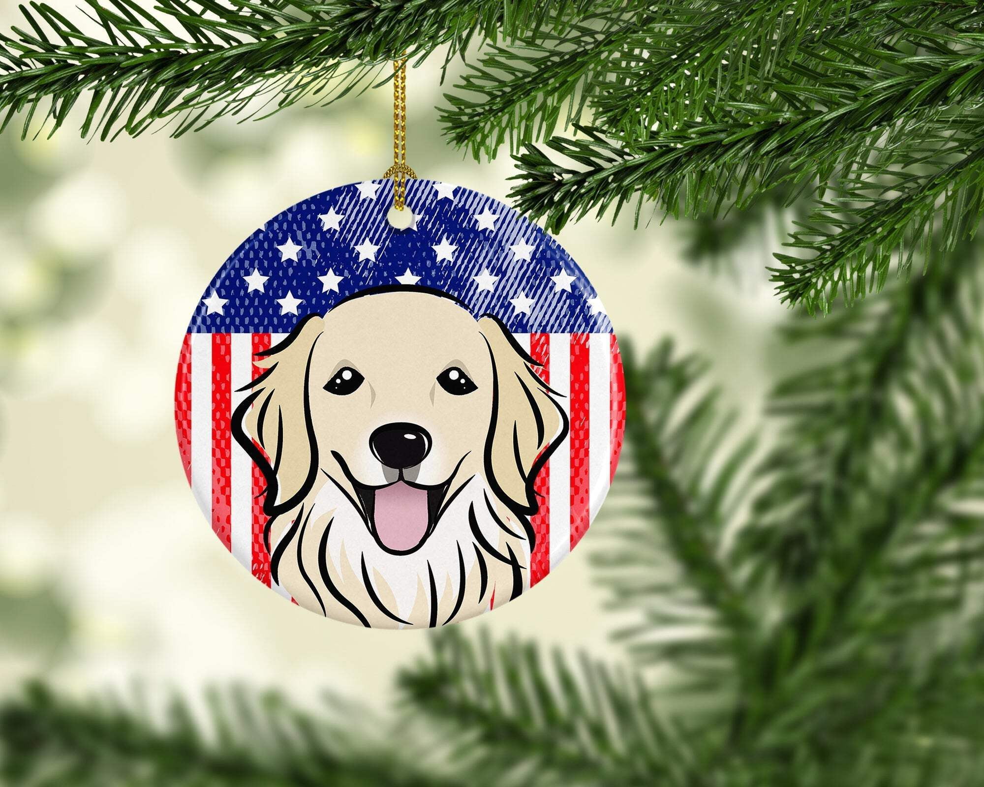 Carolines Treasures BB2135CO1 Flag & Golden Retriever Ceramic Ornament, 3 x 0.25 x 3 in.