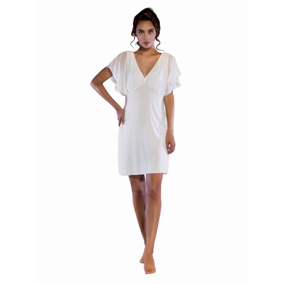 Women's Sleepwear Lightweight Super Soft Bamboo Short Sleeve V Neck Chiffon Detail Nightgown - Made in Turkey (Medium, Ivory)