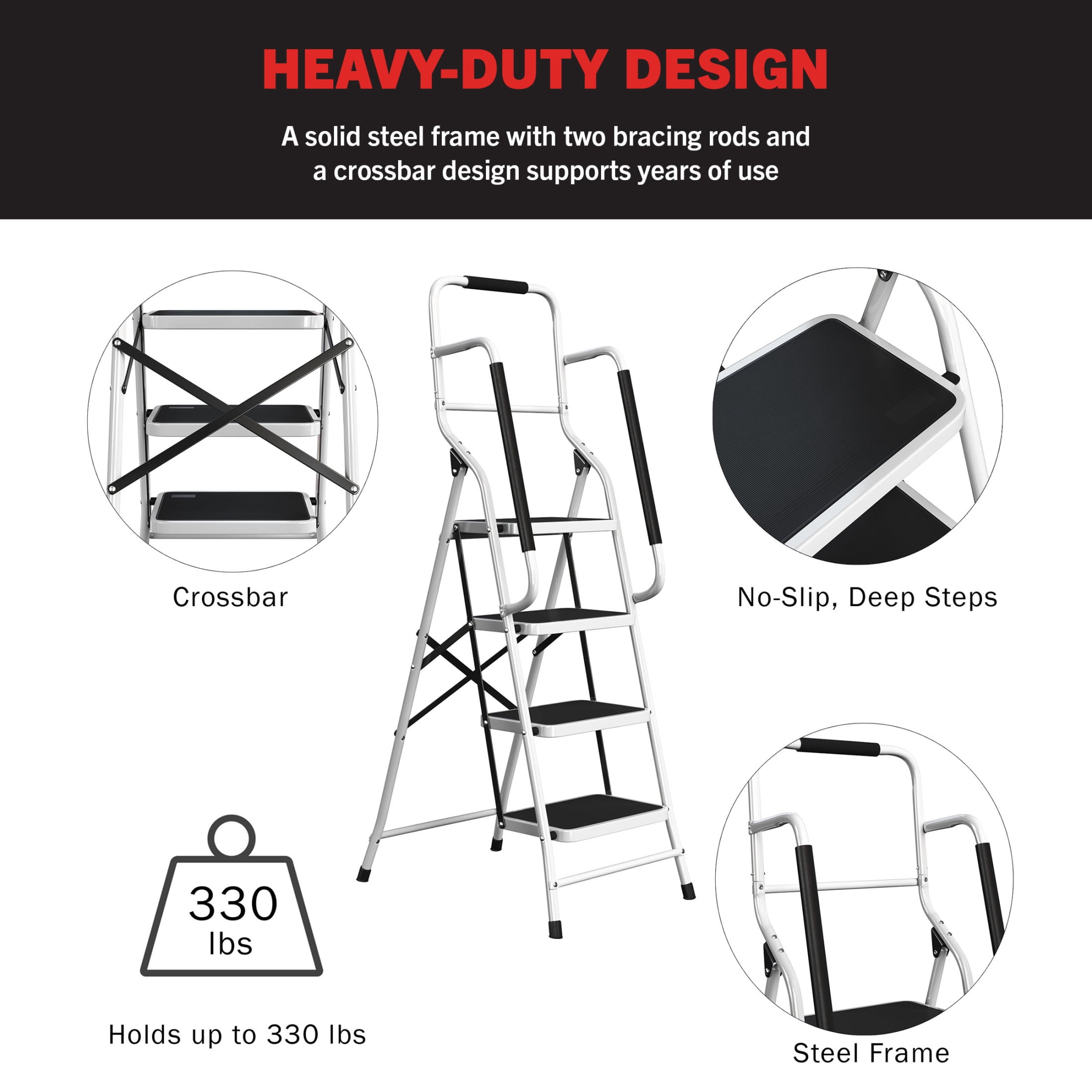 Stalwart 4 Step Stool Folding Ladder with Handrails and Attachable Tool Bag