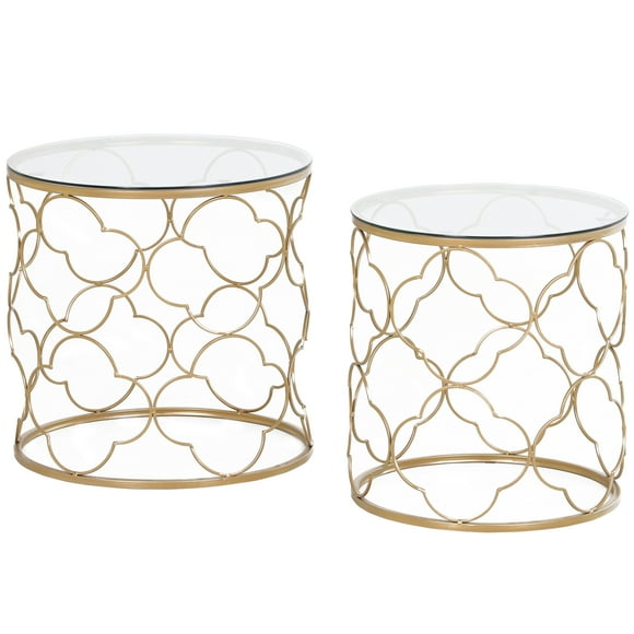 HOMCOM Art Deco Round Nesting Coffee Table Set of 2 with Glass Top and Metal Wire, Gold