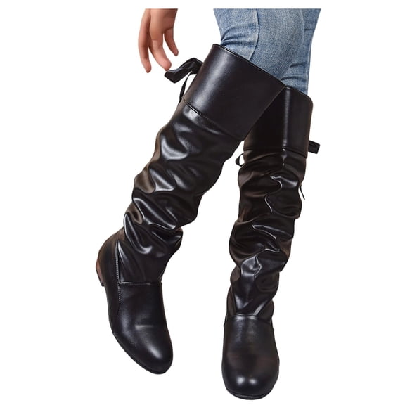 XUNKUSGA Knee High Boots with Bow Fashion Pu Leather Slouch Mid Calf Boots for Women Comfort Casual Round Toe Low Block Heel Pull On Womens Boots Black 5.5