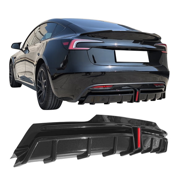 Ikon Motorsports Rear Bumper Lip Diffuser Fin Lower Valance Added on Body Kits Compatible With 2024-2025 Tesla Model 3 Highland PP Polypropylene Painted Gloss Black