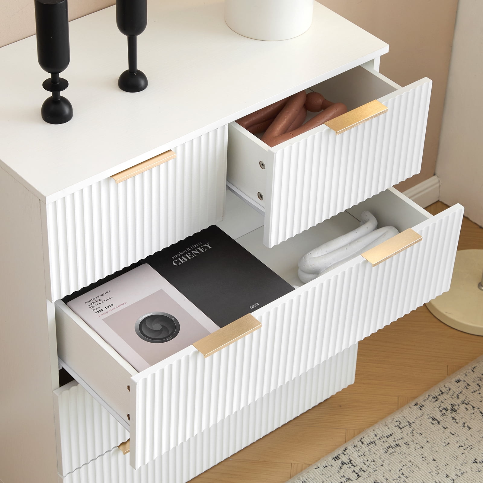 UBesGoo Fluted 5 Drawers Dresser Large Modern Chest of Drawers Dresser TV Stand, Drawer Organizer Cabinet for Living Room, Hallway, White