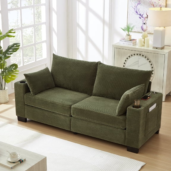 78"Corduroy Sofa Couch with USB and Cup Holders, 3-Seater Modern Upholstered Sofa Couch with Plush Deep Seat   and Side Pocket for Living Room, Apartment, No Assembly Required, Green