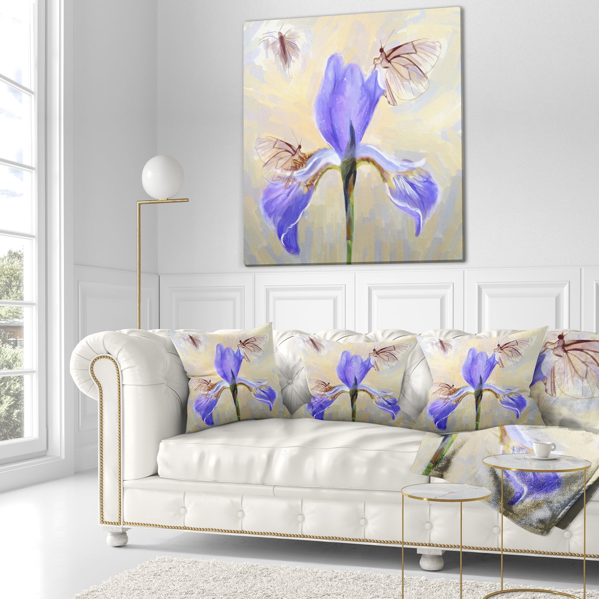 Designart Blue Flower with Butterflies Sketch - Floral Throw Pillow - 16x16