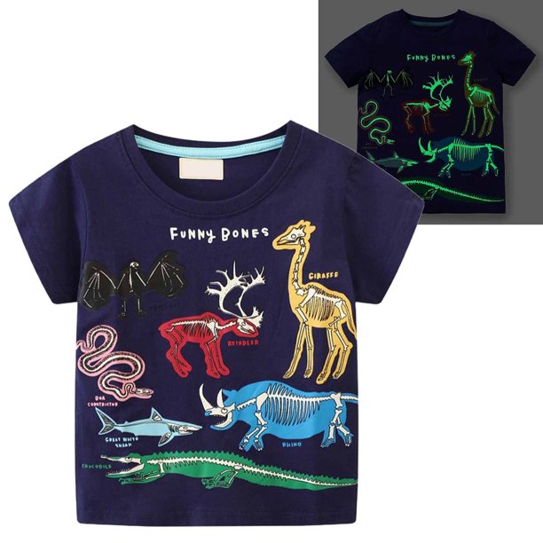 Camiseta Herrnalise de manga corta para niños pequeños, novedosa, luminosa, con cuello redondo, camisetas para niños, camisetas de algodón con estampado de dinosaurios, camisetas de verano, camisetas