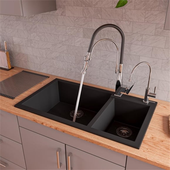 Pemberly Row Black 34" Double Bowl Drop In Granite Composite Kitchen Sink