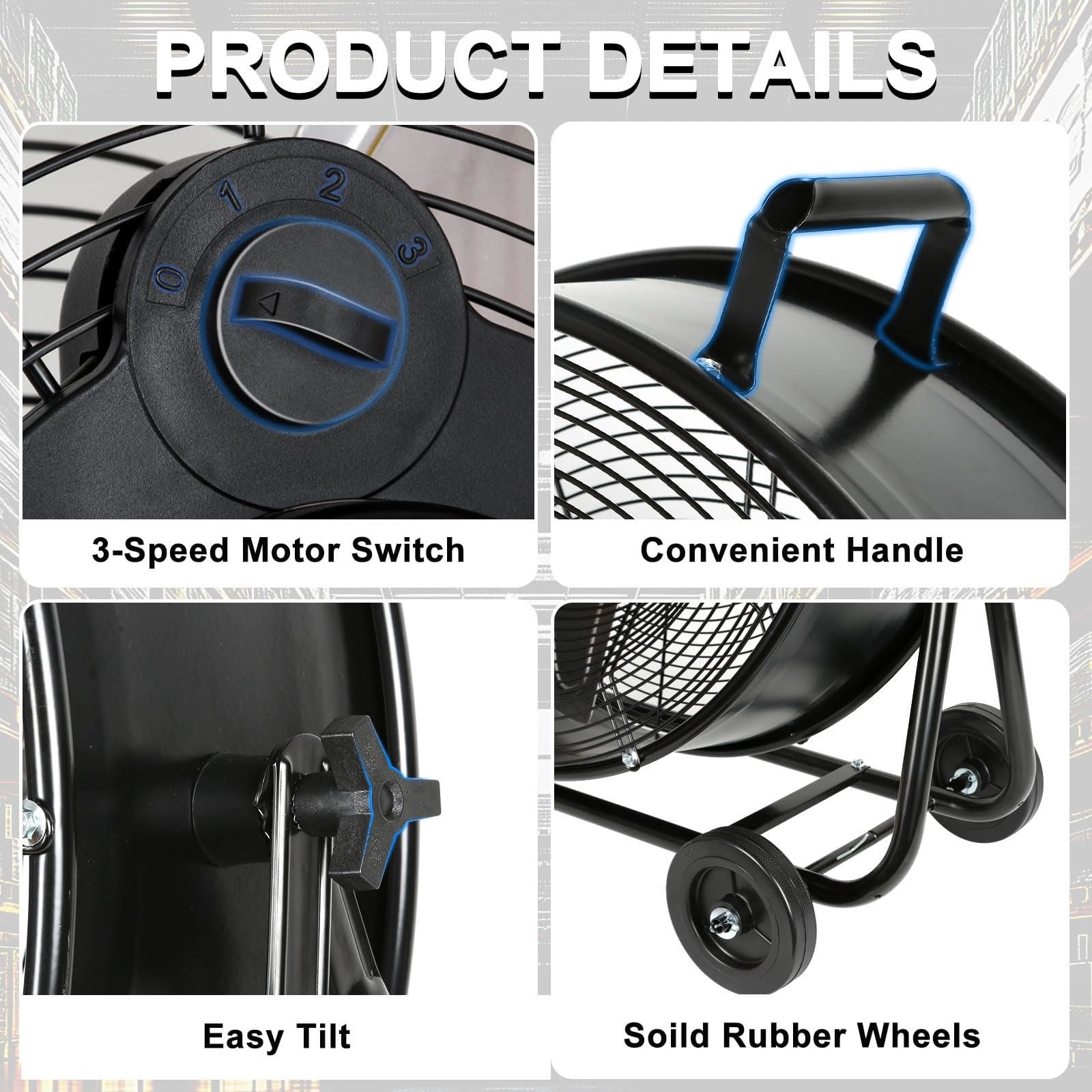 Achazel 24 Inch Industrial Drum Fan, 3-Speed Heavy Duty 8100 CFM Air Circulation High Velocity Floor Fan for Warehouse Workshops Garage Cooling Black