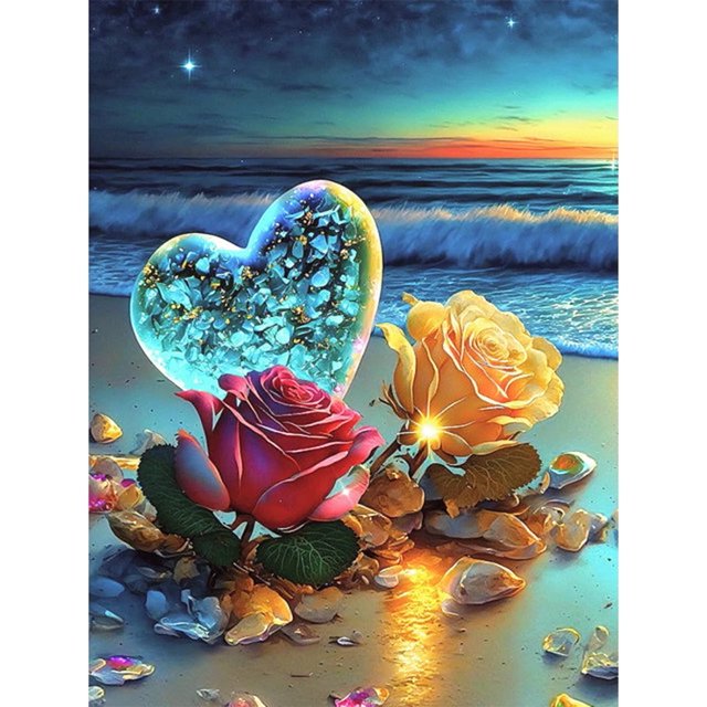 Pintura de diamantes de corazones de rosas para adultos, pintura de diamantes 5D, kit completo de diamantes de playa para niños, pintura de cristal de punto de cruz con diamantes de imitació